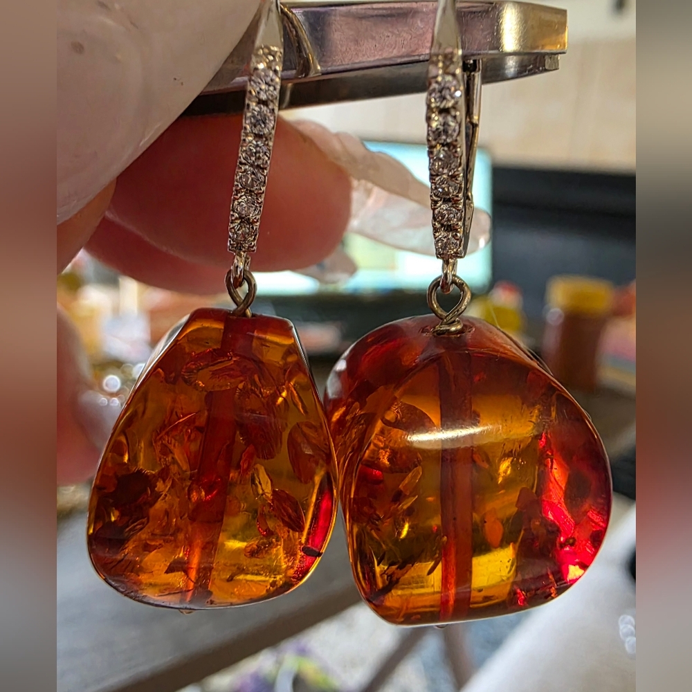 Amber and Crystal Drop Earrings with Sterling Silver hardware